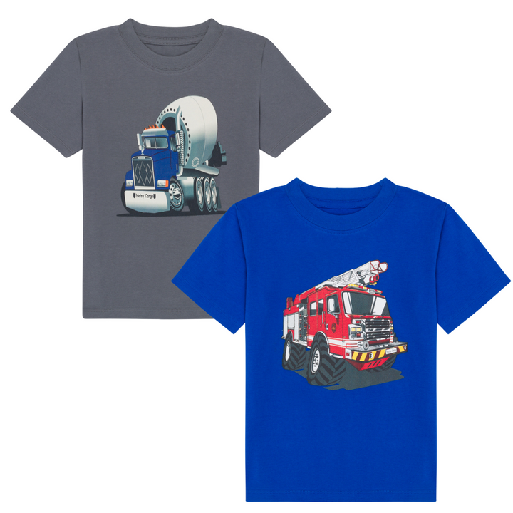 Kids + Toddlers Rescue Firetruck and Cement Truck Organic Cotton T-Shirts (2 Pack)