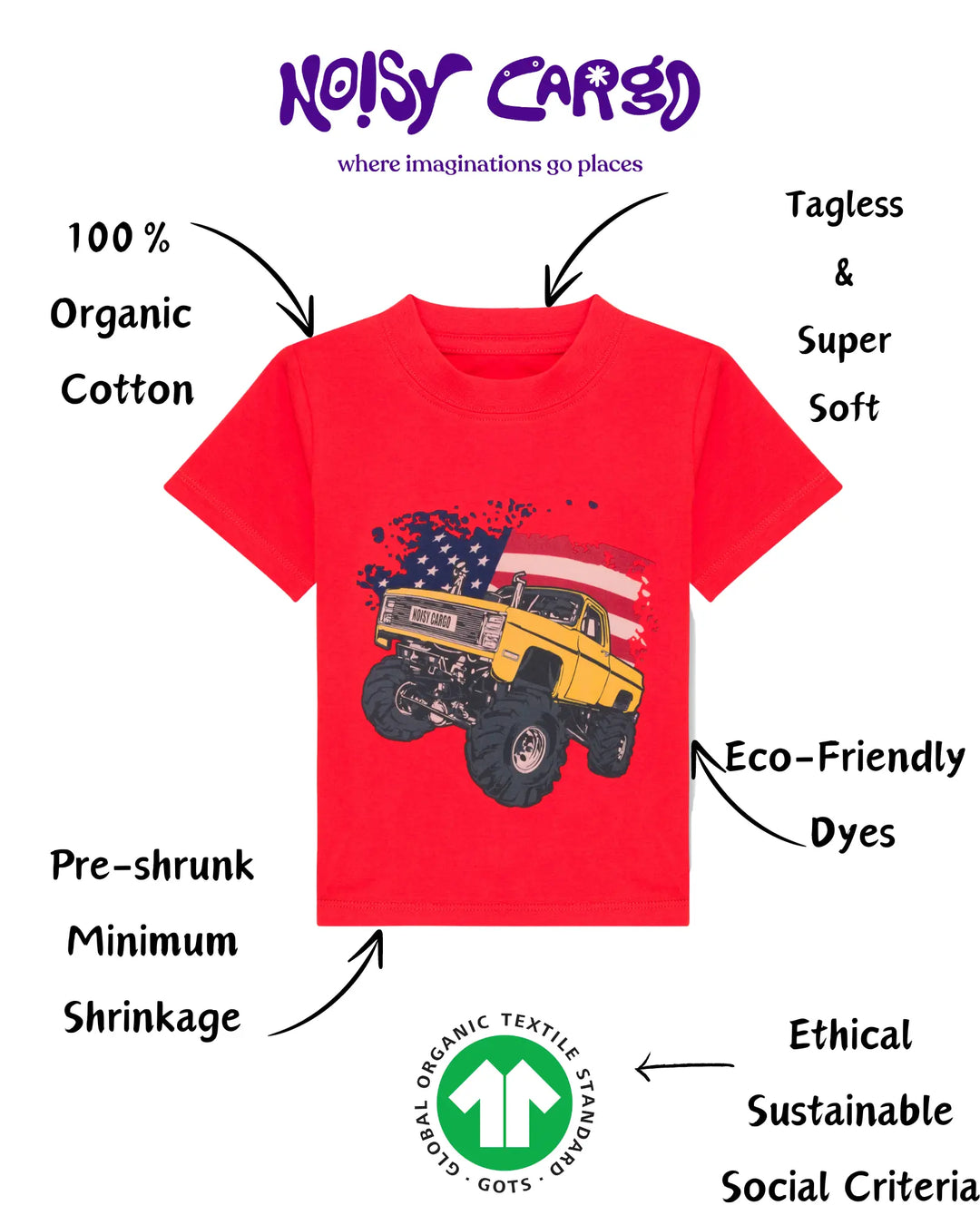 Monster Truck American Flag GOTS organic boys t-shirt, red, sizes 2T–7