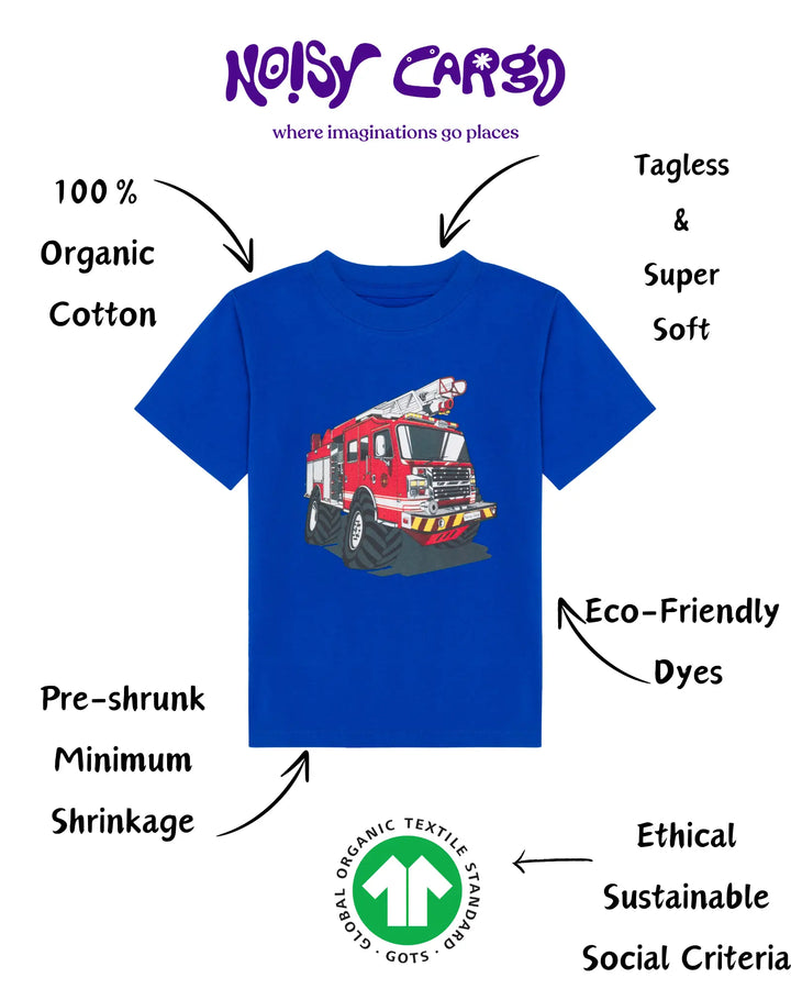 Fire truck GOTS organic boys t-shirt, blue, sizes 2T–7