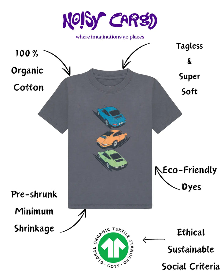 Race car GOTS organic boys t-shirt, gray, sizes 2T–7