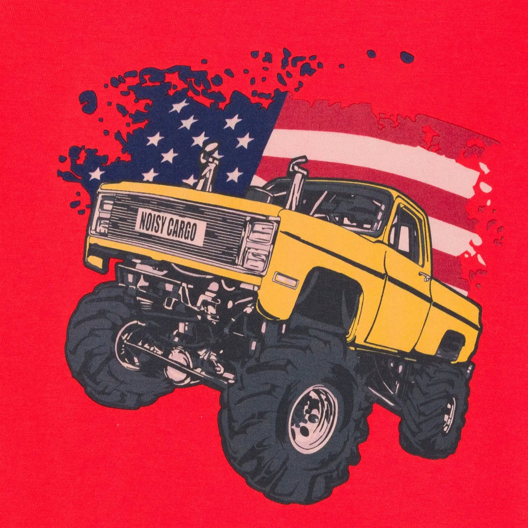 Monster Truck American Flag GOTS organic boys t-shirt, red, sizes 2T–7