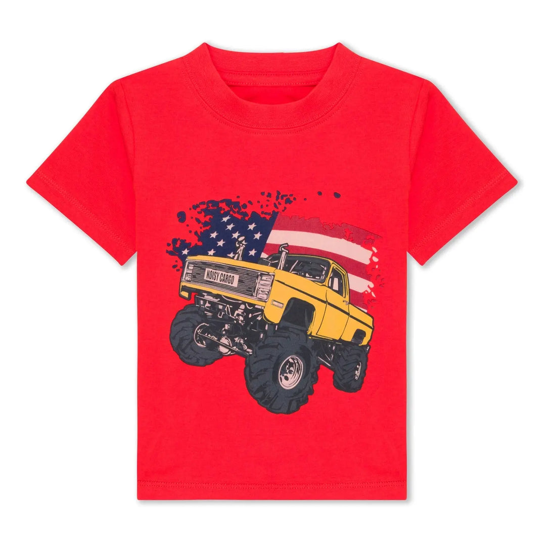 Monster Truck American Flag GOTS organic boys t-shirt, red, sizes 2T–7